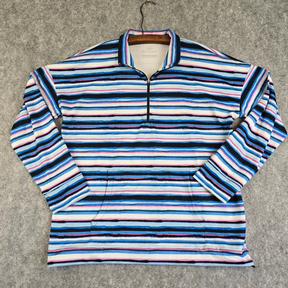 T by Talbots Womens Blue Striped UPF 50+ Quarter Zip Pullover Top Large VN511